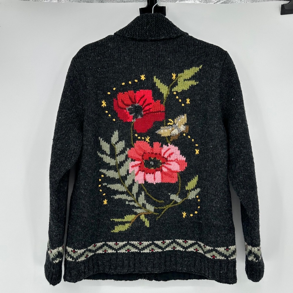 Lost Horizons Wool Cardigan Knit Sweater Fleece Embroidered Handcraft Nepal M